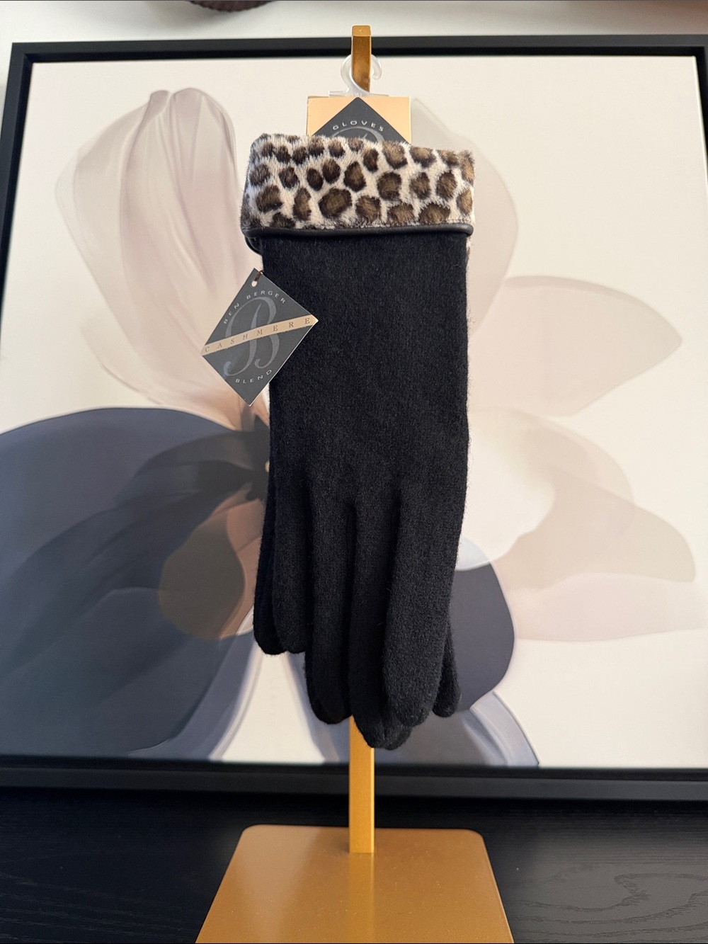 Vintage Y2K Black Ben Berger Cashmere Blend Gloves Faux Fur Leopard Cuff